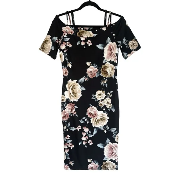 Haute Monde Floral Midi Dress M Black Off The Shoulder Sheath Bodycon‎ Pink Rose - Image 2