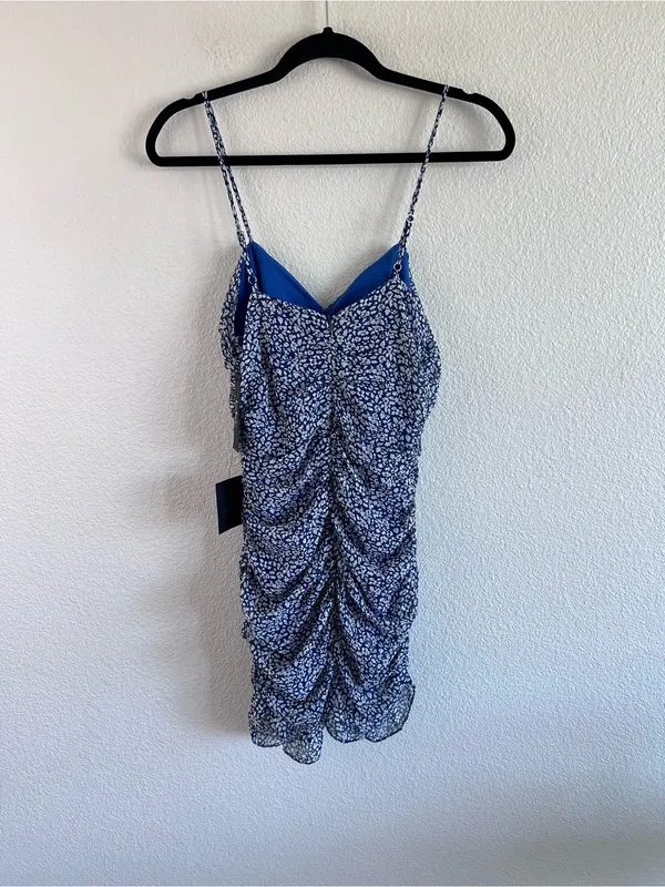 Lulus Women's Walk‎ the Walk Blue Floral Print Ruched Bodycon Mini Dress - Image 3