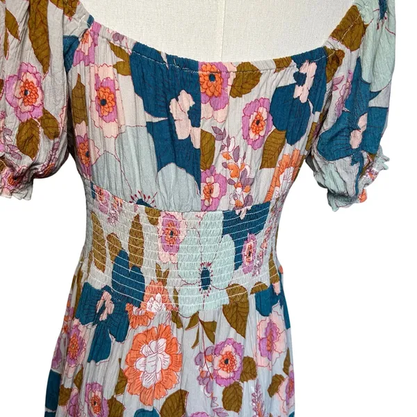 Angie Floral Smocked Boho Mini Dress Medium Cottage Indie Retro Rayon Festival - Image 14
