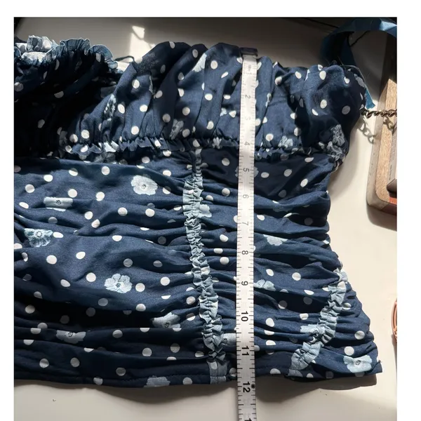 Free People Tube Top Navy Blue‎ White Polka Dot Ruched Ruffle Fitted Large - Image 11