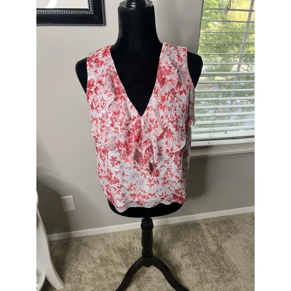 Intermix Red White Floral Silk‎ Ruffle Sleeveless Blouse Top Size Small - Image 6