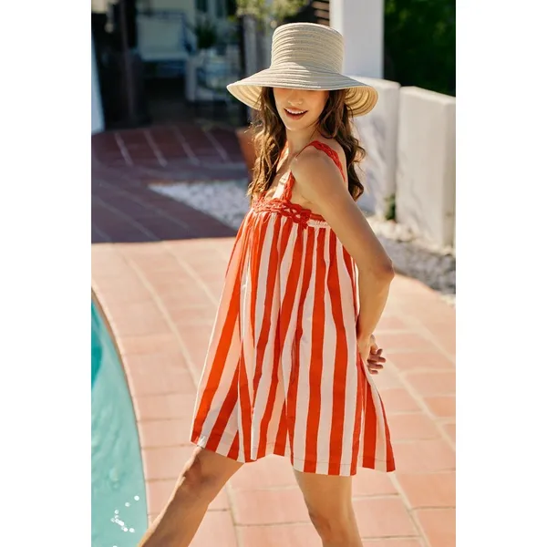 SO ME Stripe Cotton Scallop Side Pocket Lined Mini Dress Red - Small - Image 2