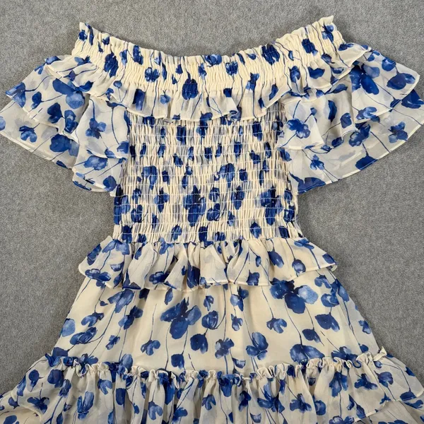 MISA Los Angeles Size Small Blue Floral Smocked Off-Shoulder Mini Dress Ruffle - Image 2