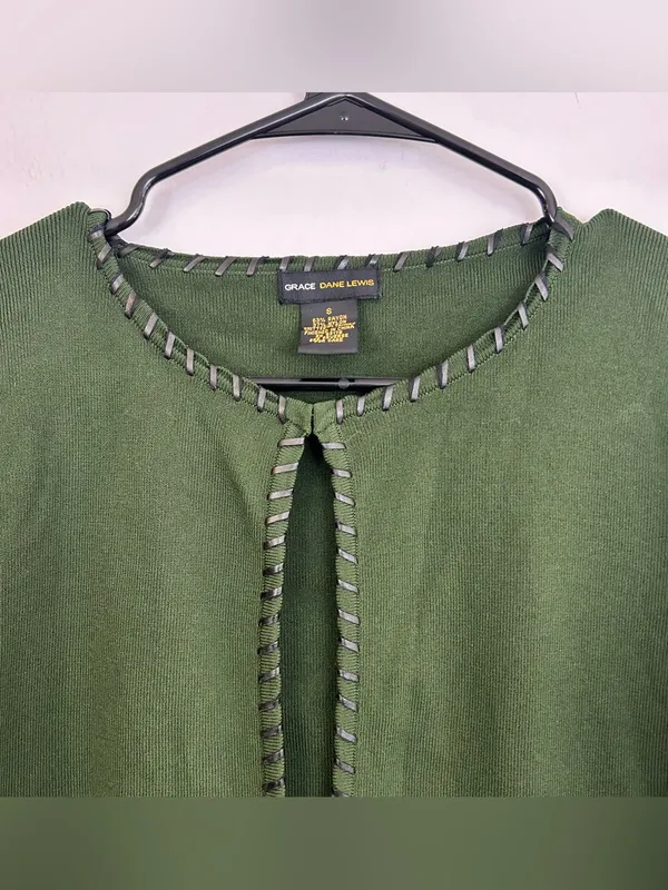 Grace Dane Lewis Green Knit Cardigan w/ Faux Black Leather Trim Frankenstein S - Image 3