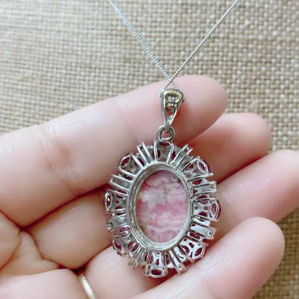 Sterling Silver 925 Oval Rhodochrosite + Rhodolite Pendant Necklace 20" Chain - Image 5