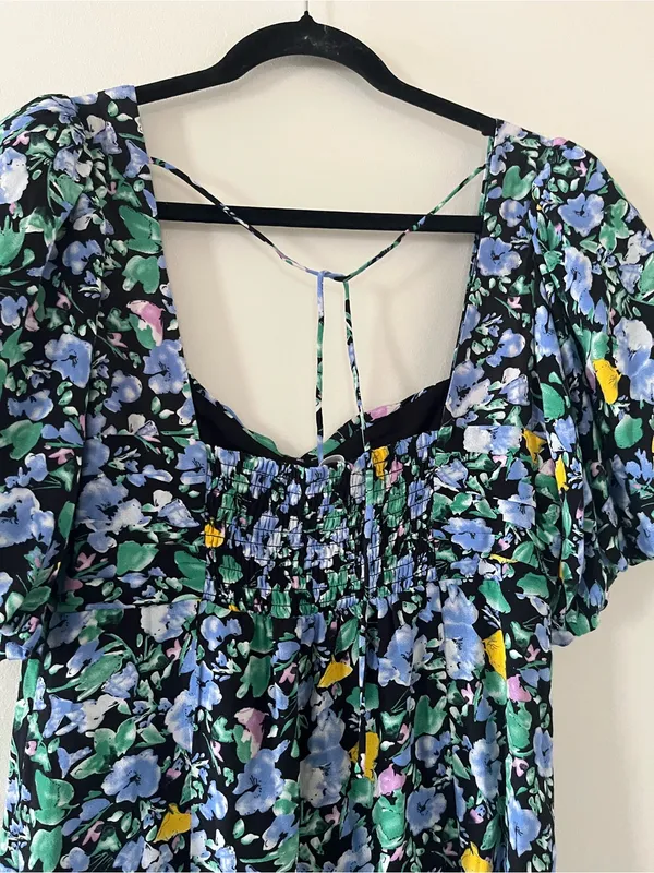 Blue Green Floral Puff Mini Dress Medium Romantic Cottagecore Summer Going Out - Image 8