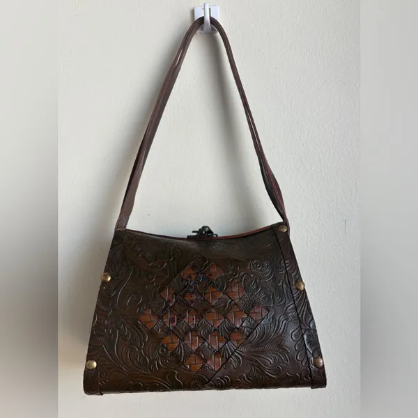 Vintage Brown‎ Leather Wood Handbag EUC - Image 2