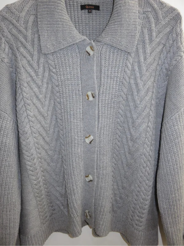 Quince Gray Cable Knit Cardigan Sweater Collared Button Front 100% Wool Medium - Image 7