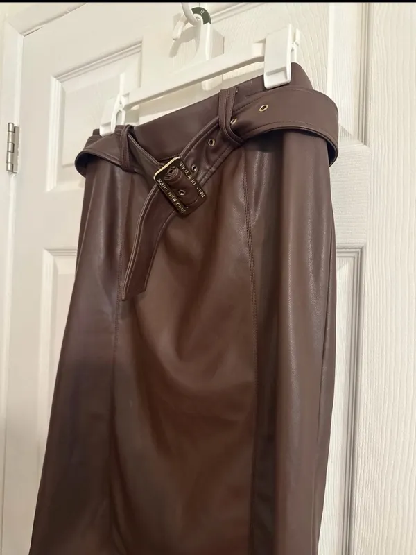 Marc New York Dark Brown Faux Leather Pencil Skirt with Belt Detail - Image 4