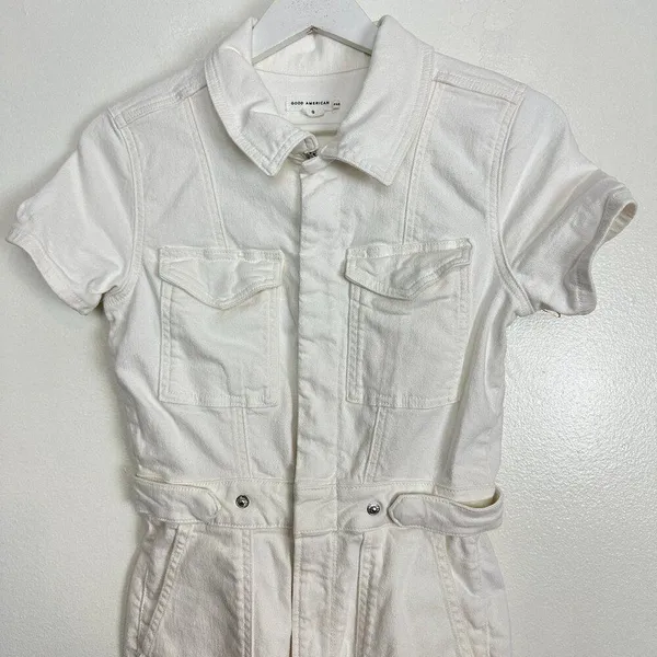 GOOD AMERICAN Fit for Success Denim Utility Dress Denim in Wash White Size Small - Image 5