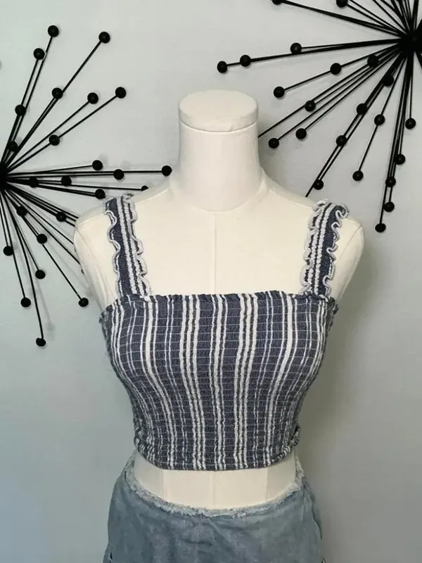 Hollister NWT Blue & White Striped Smocked Ruffle Lettuce Edge Strap Crop Top - Image 3