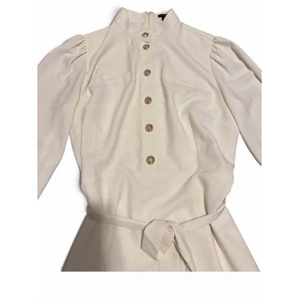 Ann Taylor Womens 12 Cream Crepe Mock Neck‎ Gold Button Belted Puff Sleeve Dress - Image 2