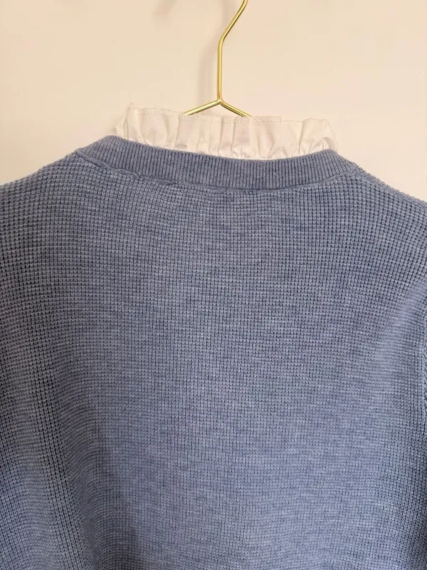 Cute Blue Waffle Knit Gold Button Cardigan with Ruffle Collar - Image 6