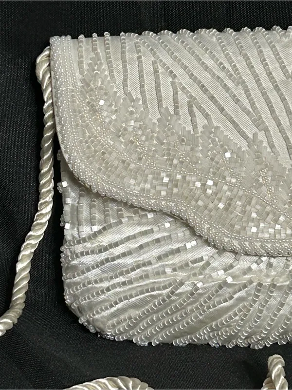 Beaded Ivory Evening Clutch with Rope Strap White - Image 4