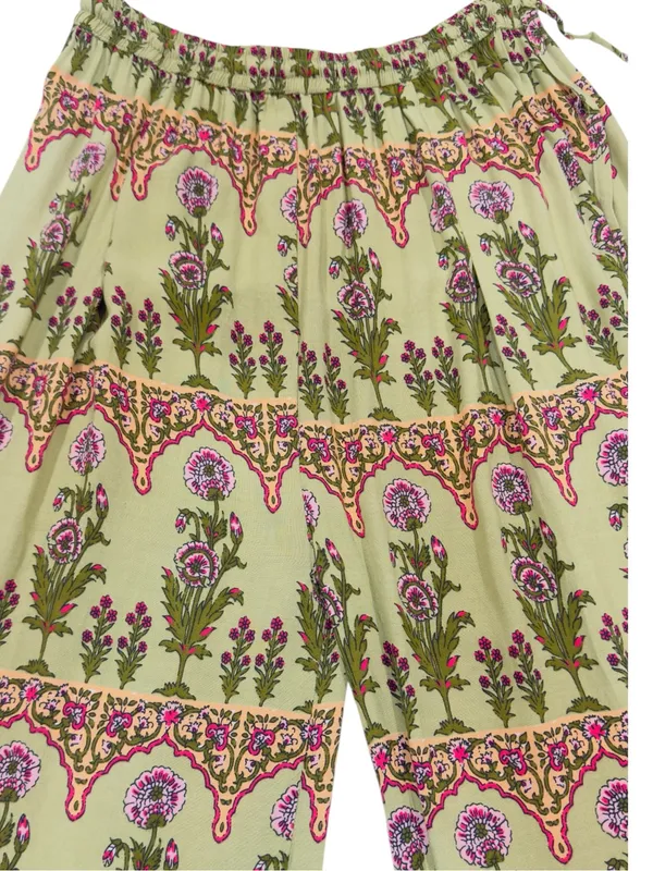 Boho Floral Wide Leg Palazzo Pants Size 38 Sage Green Pink Print Elastic Waist - Image 6