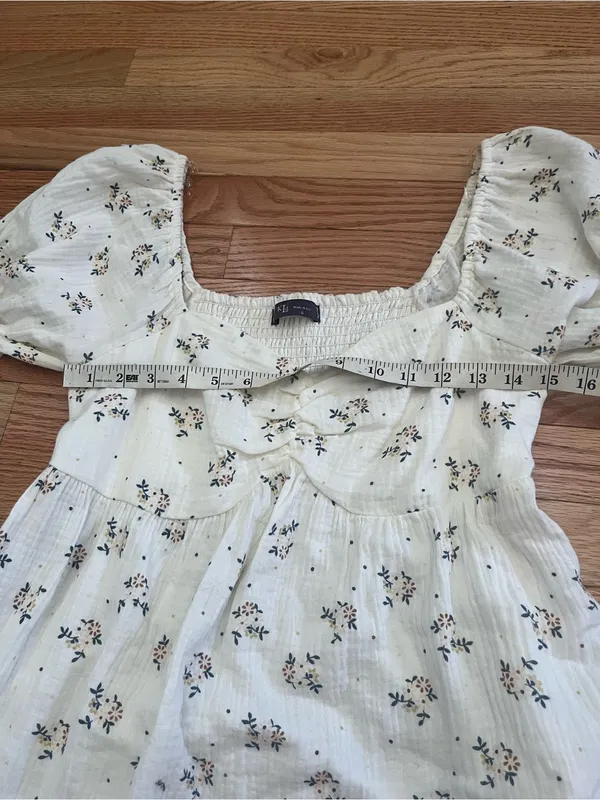 100% Cotton White Floral Gauze Babydoll Mini Dress Small Puff Sleeve Cottagecore - Image 4