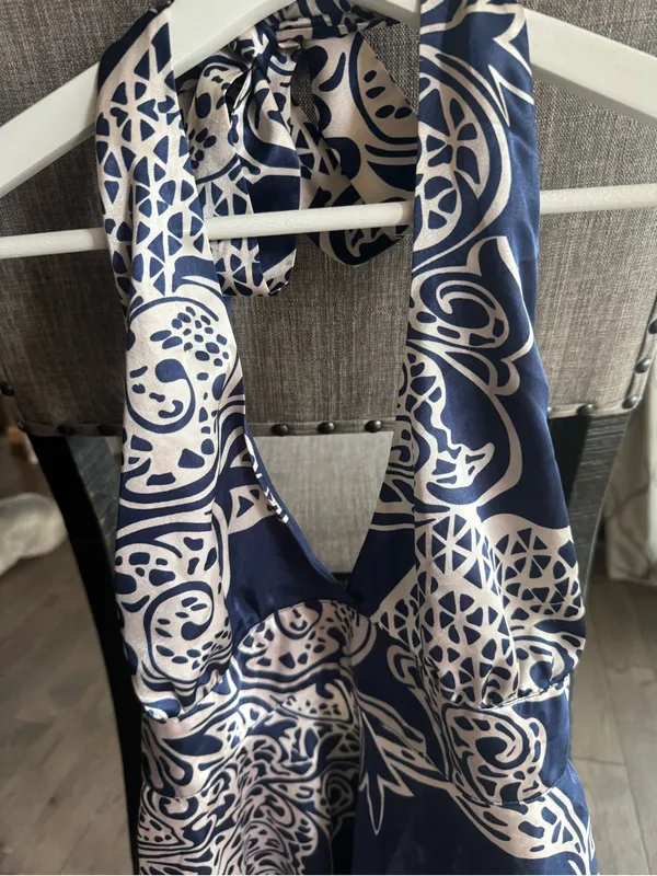 Wet Seal Navy and White Halter Dressy Tank with Decorative Print - Image 2