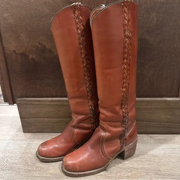 Frye Vintage Braided Sabrina Amber Brown Knee High Tall Boot Women's size 6 - Image 2