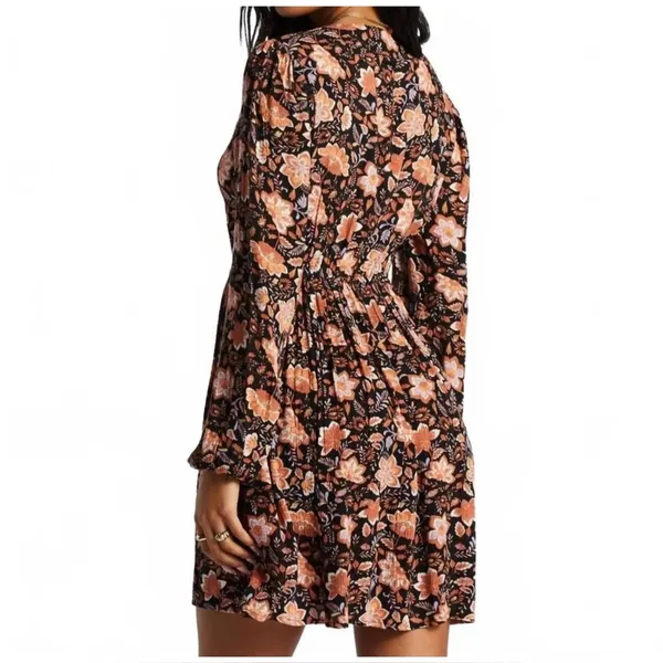 Billabong Sweetest Dream Floral Mini Dress Black Pebble Long Sleeve L - Image 4