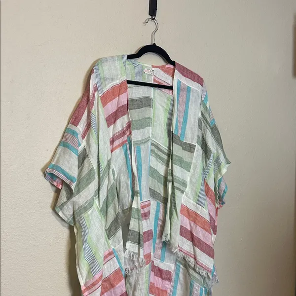 Free People Patchwork Sail Away 100% Linen‎ Kimono One Size - Image 4