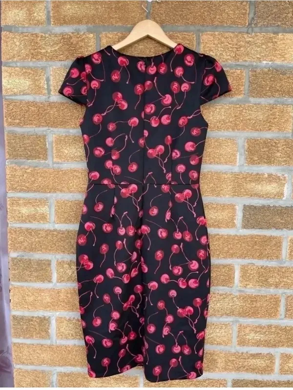 Betsey Johnson Cherry Print Dress 6 Coquette Cherrycore Retro Cap Sleeve Slit⁠ - Image 8