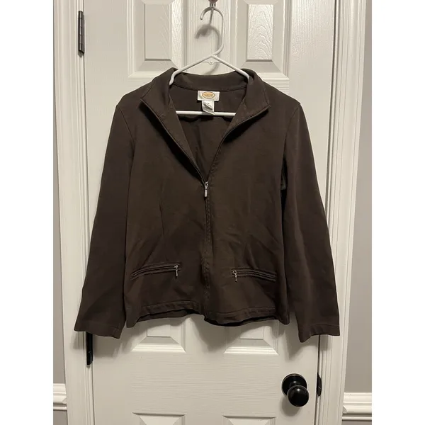 Talbots Jacket Women's med Dark Brown Full Zip, Pockets. Heavy. Comfy - Image 2