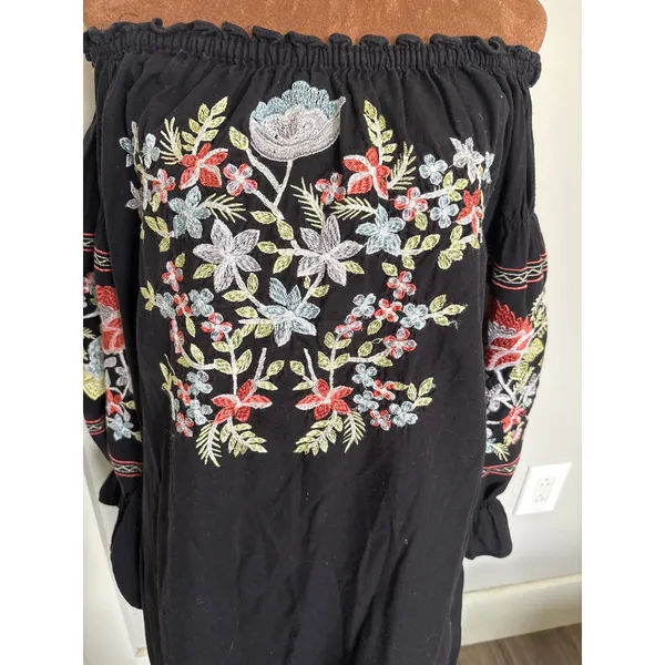 Free People‎ Fleur Du Jour Black Floral Embroidered Off Shoulder Dress Medium - Image 2