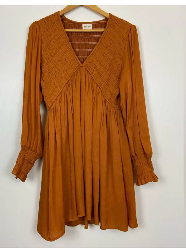 Peach Love California Boho Western Smocked Mini Dress Rust Orange Size S - Image 3
