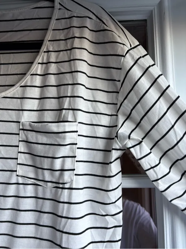 Women’s White and Black Striped Long-Sleeve Pocket Tee - Image 2