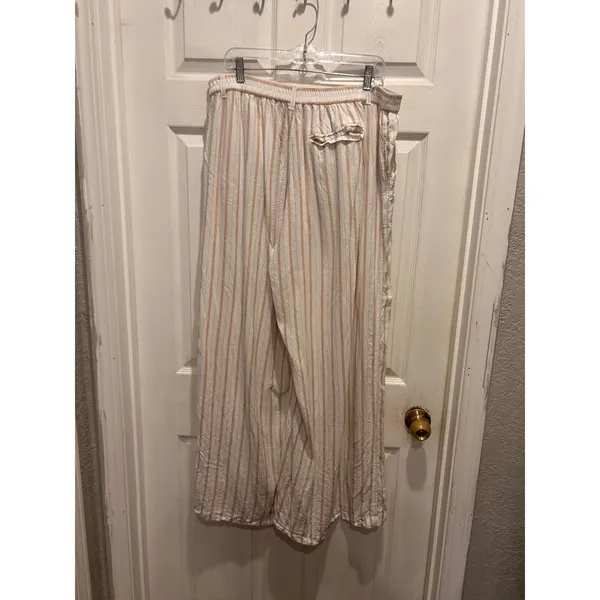 Aerie Day Off Pant XL Linen Blend Striped Wide Leg Tan Cream High Rise Coastal - Image 5