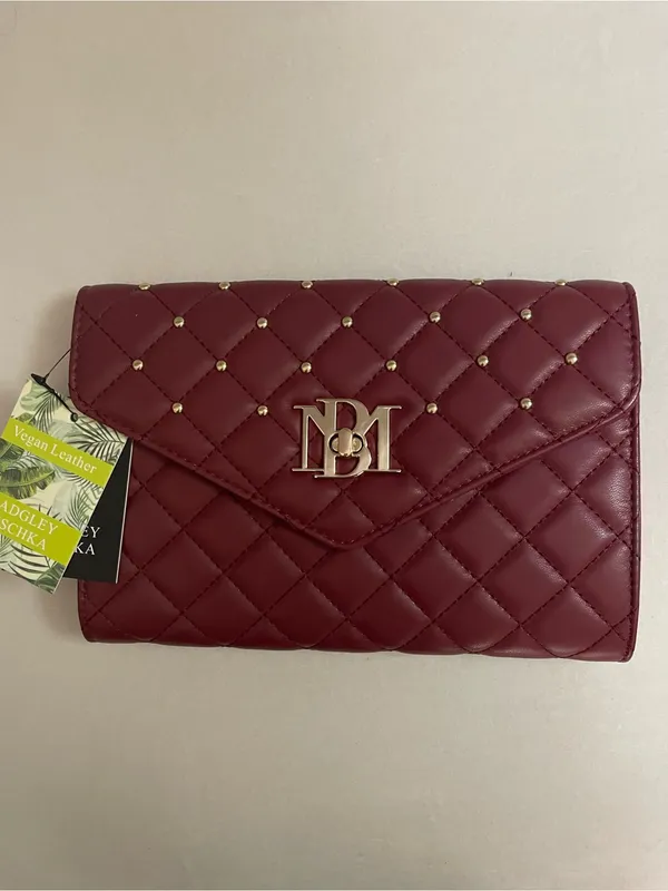 Badgley Mischka NWT Crossbody Diamond Quilting Round Studs on Front Wine Gold - Image 13