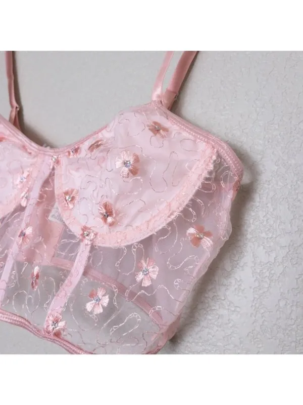 Floral Embroidered Lace Underwire Bralette M Pink Sheer Lingerie Bra Sequin - Image 6