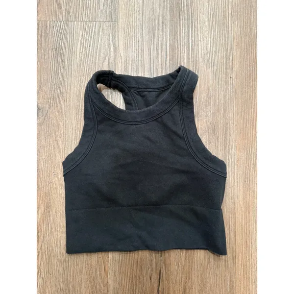 Alo Yoga Women Black Seamless Ribbed High Neck Racerback Sports Bra Top 402 - Image 3