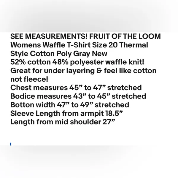 FRUIT OF THE LOOM Womens Waffle T-shirt Size 20 Thermal Style Gray New - Image 6