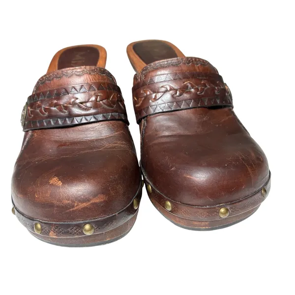 MIA Brown Leather Clogs Womens 7 Braided Studded Wood Platform Boho 70s - Image 3