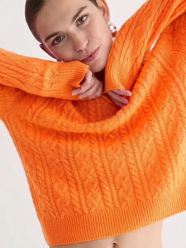NWT J.Crew Cashmere Cropped Cable-knit Crewneck Sweater in Neon Orange S - Image 2