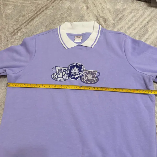 Vintage Grannycore Collared Sweatshirt‎ Pastel Purple Teacup Embroidered Size L - Image 8