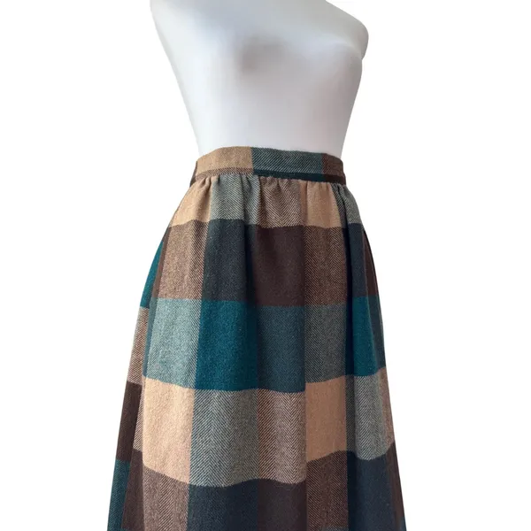 Vintage ‘80s Shelly’s Tall American Beauty Brown & Teal Wool A-Line Midi Skirt - Image 6