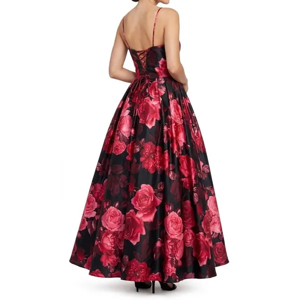 Betsy & Adam Floral Rose Satin Gown Black Red Lace Up A-Line Prom Formal Size 8 - Image 2