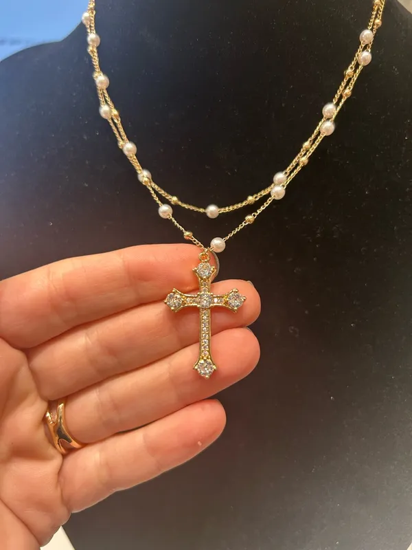 Guess Gold Pearl Layered Cross Necklace - Image 3