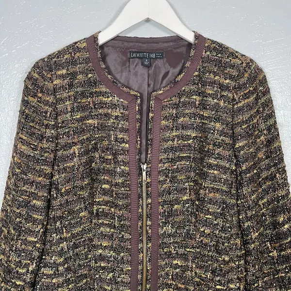LAFAYETTE 148 Women 6 Brown Tweed Zip Up Blazer Suit Jacket Business Career - Image 3