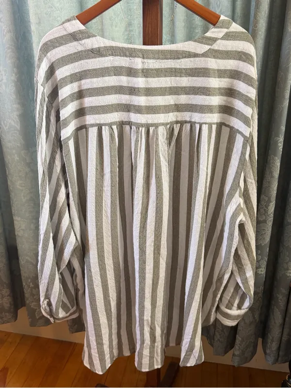 Women’s Striped Button Henley Shirt - White and Olive - Image 3