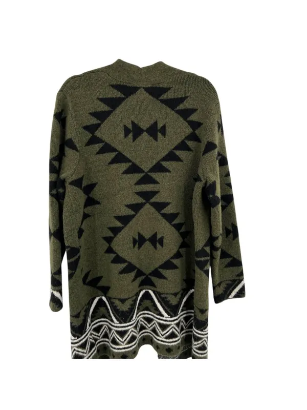 Frye The Cozy Cardigan Open Front Aztec Cardigan Sweater Large Olive Black - Image 6