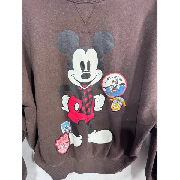 Disney Women's XS Brown Sweatshirt Mickey Mouse Ski Club Graphic Pullover - Image 3