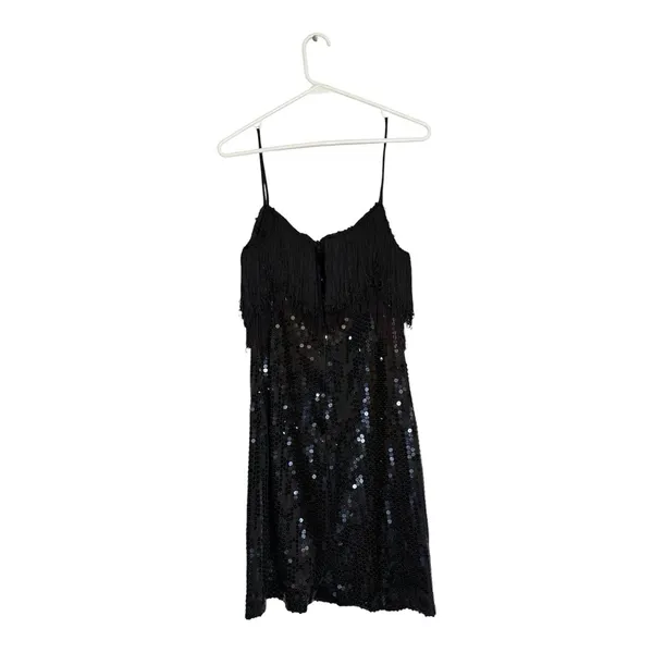 Vintage Dessy Creations Sequin Dress Fringe Flapper Black Size 8 - Image 3