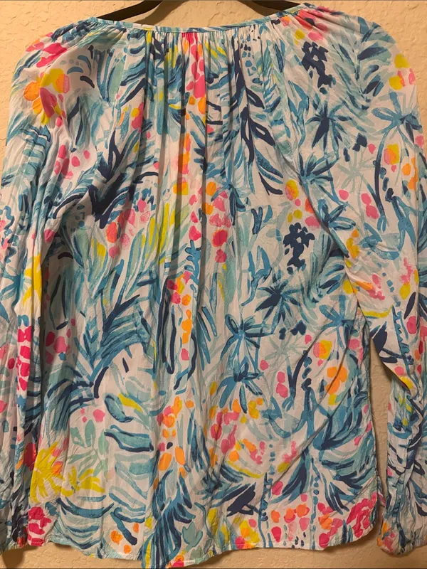 Lilly Pulitzer Blue Multi Tropical Print Peasant Top - Image 3