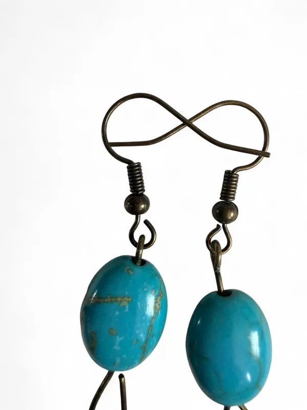 Handmade Turquoise Oval Bead Feather Earrings Western Boho - Image 6