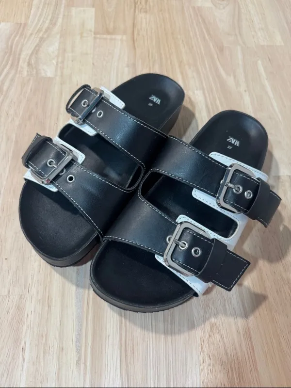 Zara Black and White Double Buckle Slide Sandals EUC - Image 2