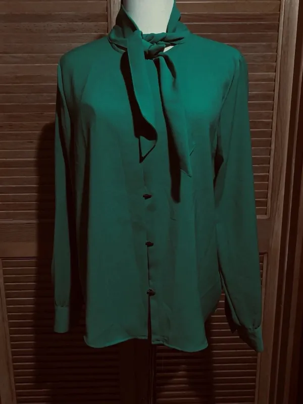 ZARA Green Chiffon Polyester Collared Tie Neck Button Blouse Long Sleeve M - Image 6