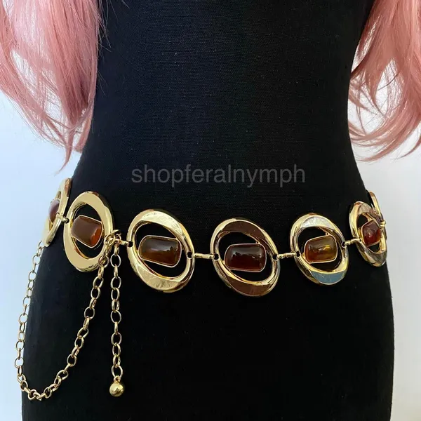 Gold Y2K Faux Amber Stone Chunky Oval Chain Belt, Fits 16-45 Inches, X7GA1385 - Image 5